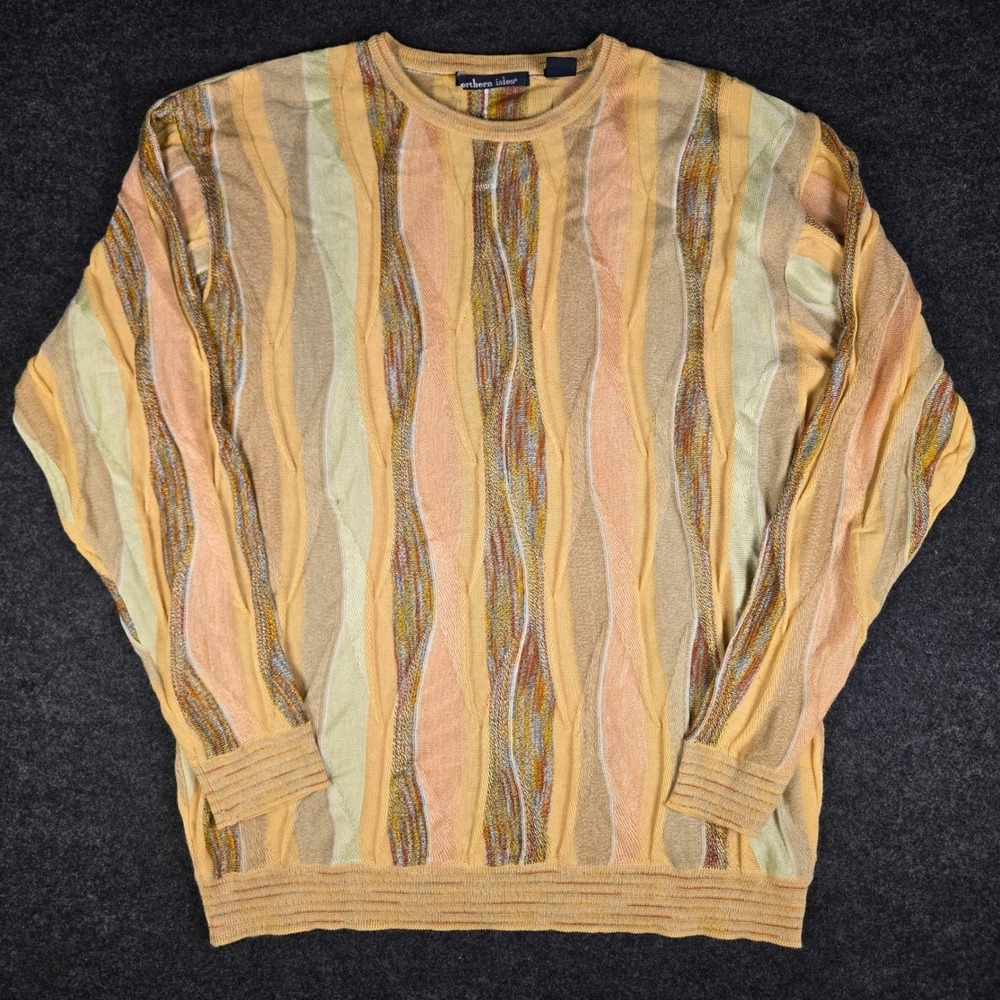 Vtg Northern Isles Men's Tan Autumn Striped Coogi Style Sweater Knit Size XL